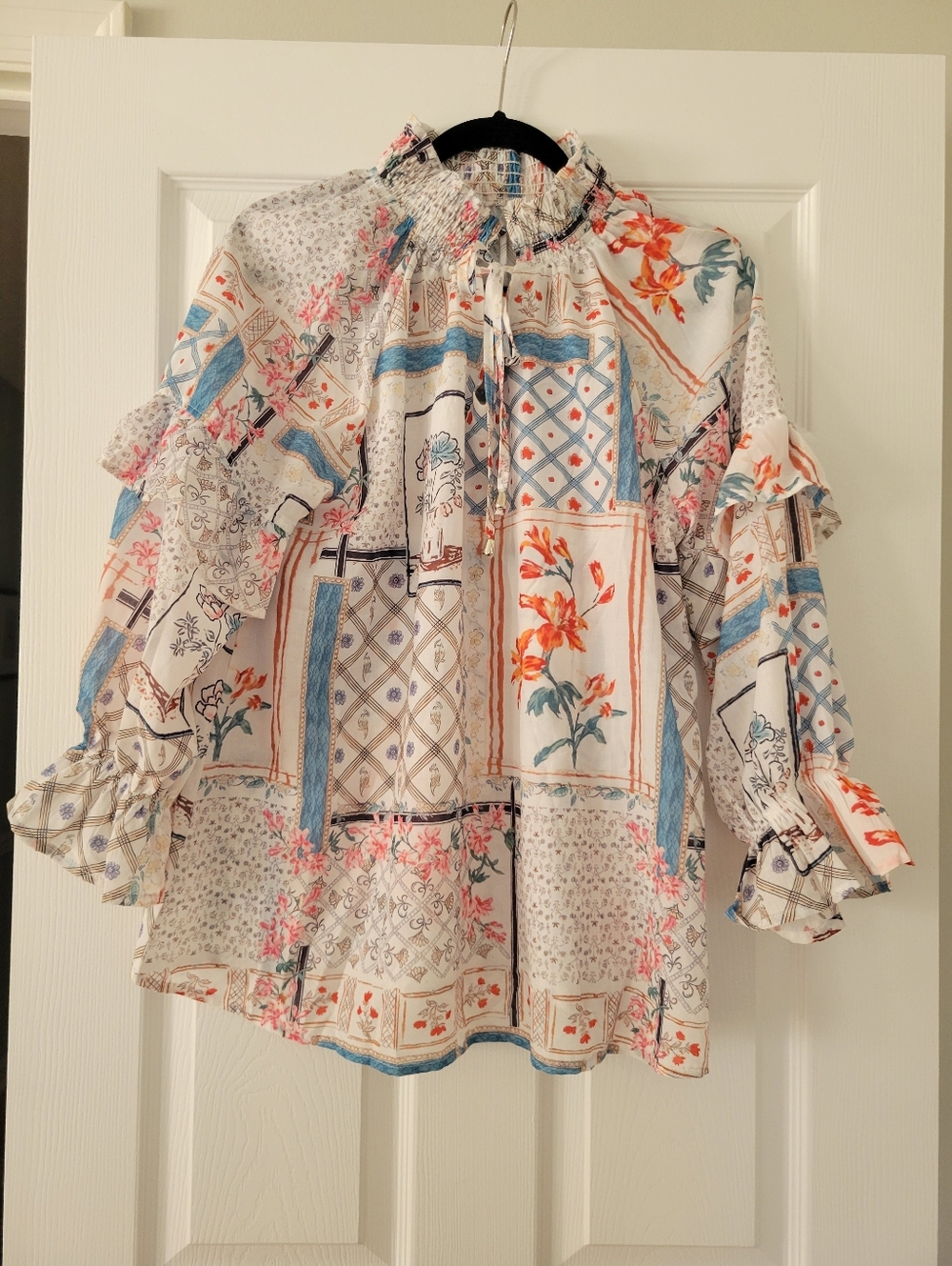 Womens Size Large Floral Patchwork Smocked Neck Blouse - Multicolor
